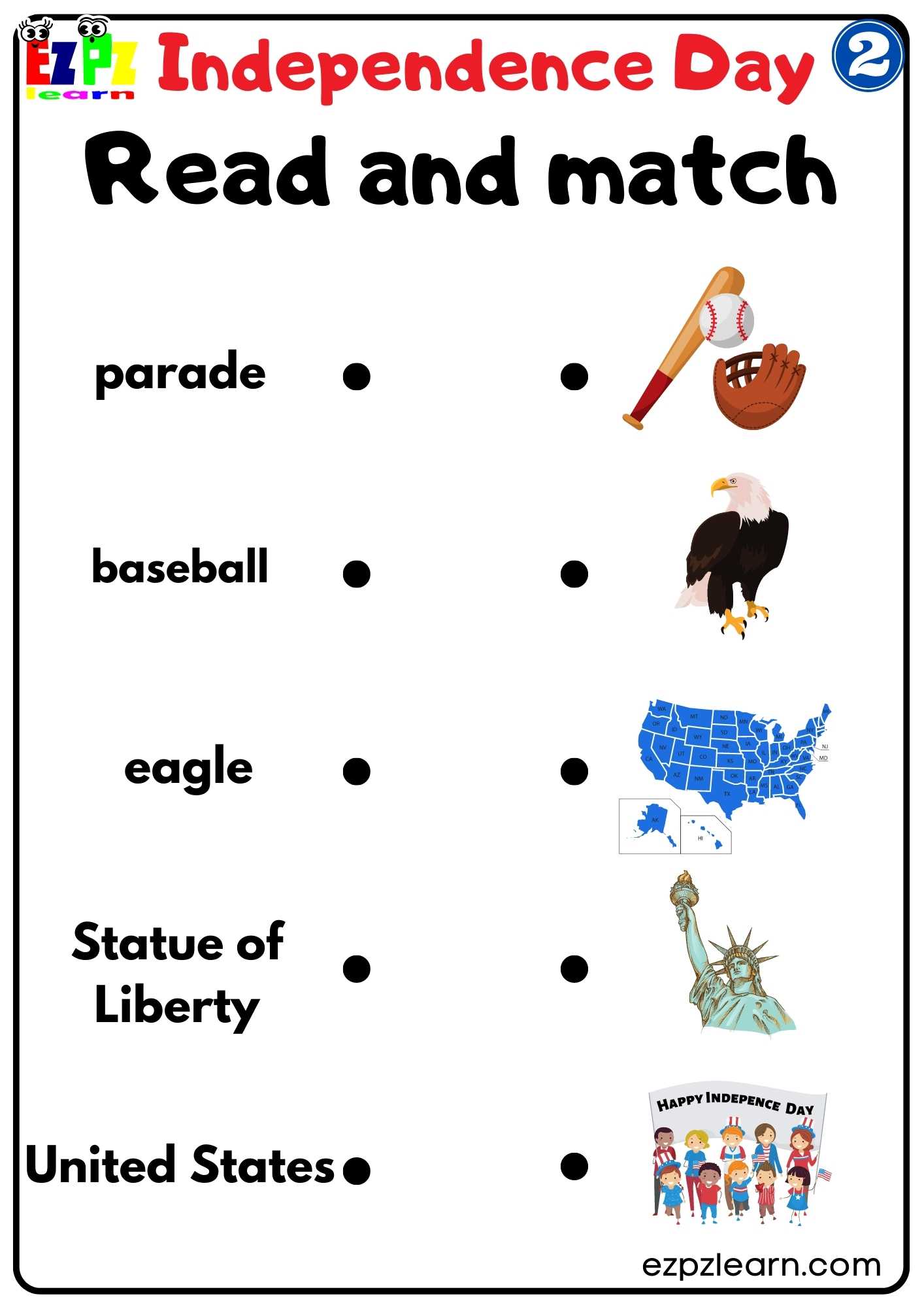 Read and Match Worksheet for Independence Day Group 2